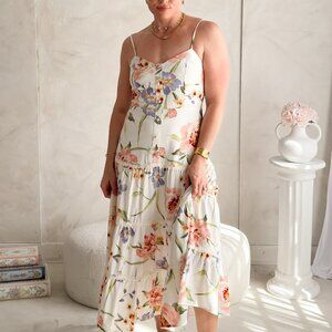 Women's Floral Midi Dress Linen Blend - Tiered Summer Dress
